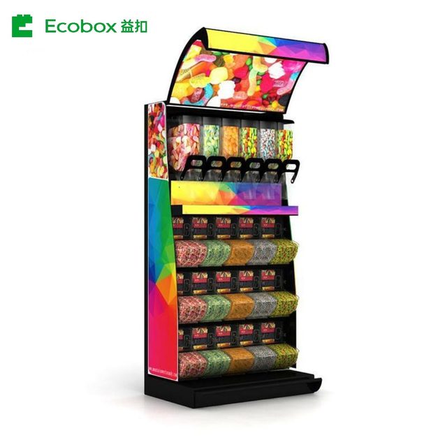 EK-026-2 estante de pantalla de hierro con dispensadores de alimentos y contenedores