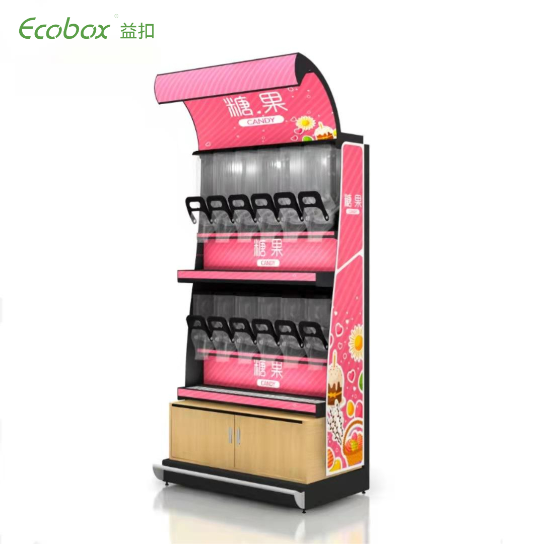 EK-026-3 estante de pantalla de hierro con dispensadores de alimentos y contenedores